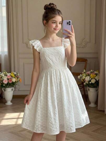 Pitira Đầm chiffon in hoa cho bé gái tuổi teen, cổ vuông, trang trí nơ, tay phồng, cổ áo vuông, nơ sau lưng, gấu xếp ly, dáng chữ A dài đến đầu gối, đầm thường ngày thanh lịch, phù hợp cho tiệc tùng, đám cưới, các dịp trang trọng.