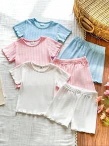 SHEIN Vintaside Kids 6件套女婴休闲罗纹杏色、白色、粉色圆领短袖上衣和松紧腰短裤套装，适合户外玩耍或舒适的春夏穿着。 - 彩色 - 查看 3