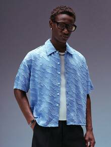 STYNVO Áo sơ mi nam tay ngắn khoét eo, cài một hàng khuy, kiểu dáng thường ngày. - Màu xanh lam - Xem 1