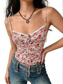 Cévolie Women's Floral Print Twist Front Camisole Top, Fashionable For Dates And Parties Cute Top Bustier Tops For Women Women's Corset Top Summer Tops For Women Women's Floral Top - Multicolor - View 4