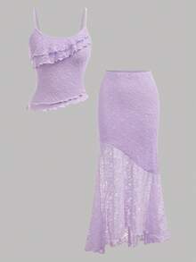 SHEIN Tween Girl Casual Minimalist Comfortable Asymmetrical Hem Tank Top & Fishtail Hem Skirt Set Tween Girl - Mauve Purple - View 5