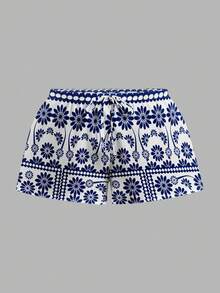 Veykashi Geometric Floral Print Casual Loose Shorts, Suitable For Summer, Plus Size - Multicolor - View 4