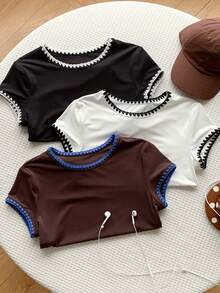 Comfortcana 3pcs Women Summer Casual Vacation & Commute Contrast Trim Cap Sleeve T-Shirt Set - Multicolor - View 7