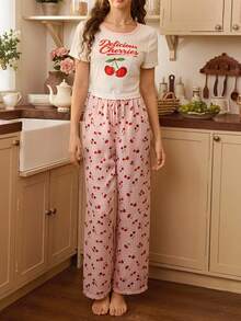 SHEIN Conjunto de pijama para mujer con pantalón de cuadros y estampado de cerezas, de ajuste ceñido y manga corta - Blanco - Ver 7