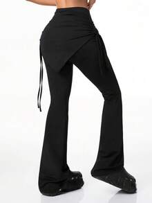 Mulvari Quần legging nữ kiểu dáng thường ngày, có dây rút, kiểu 2 trong 1. - màu đen - Xem 2