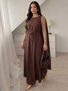 Elenzga Đầm nữ thời trang, thanh lịch, cổ tròn, thắt eo, ôm dáng. - màu nâu - Xem 3