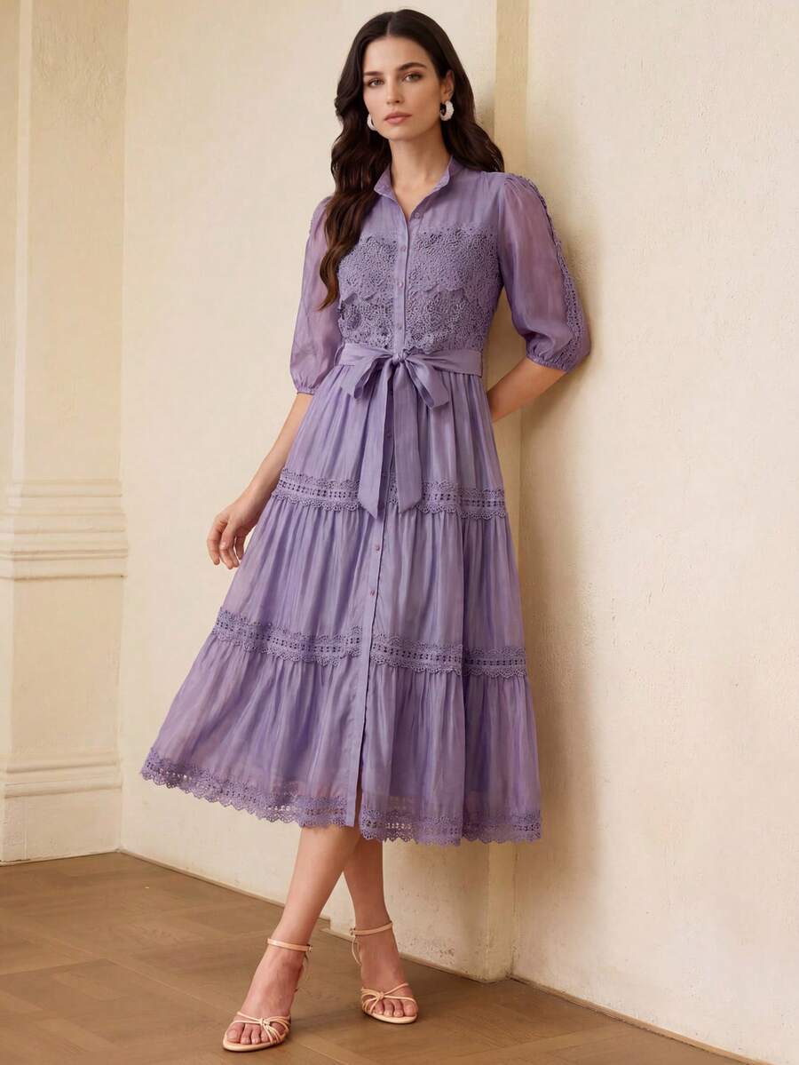 ZEYLAH CONTRAST LACE BELTED DRESS - Purple - View 1