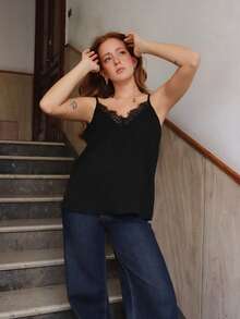 SILVIA DI SANTO Contrast Lace Cami Top - Black - View 1