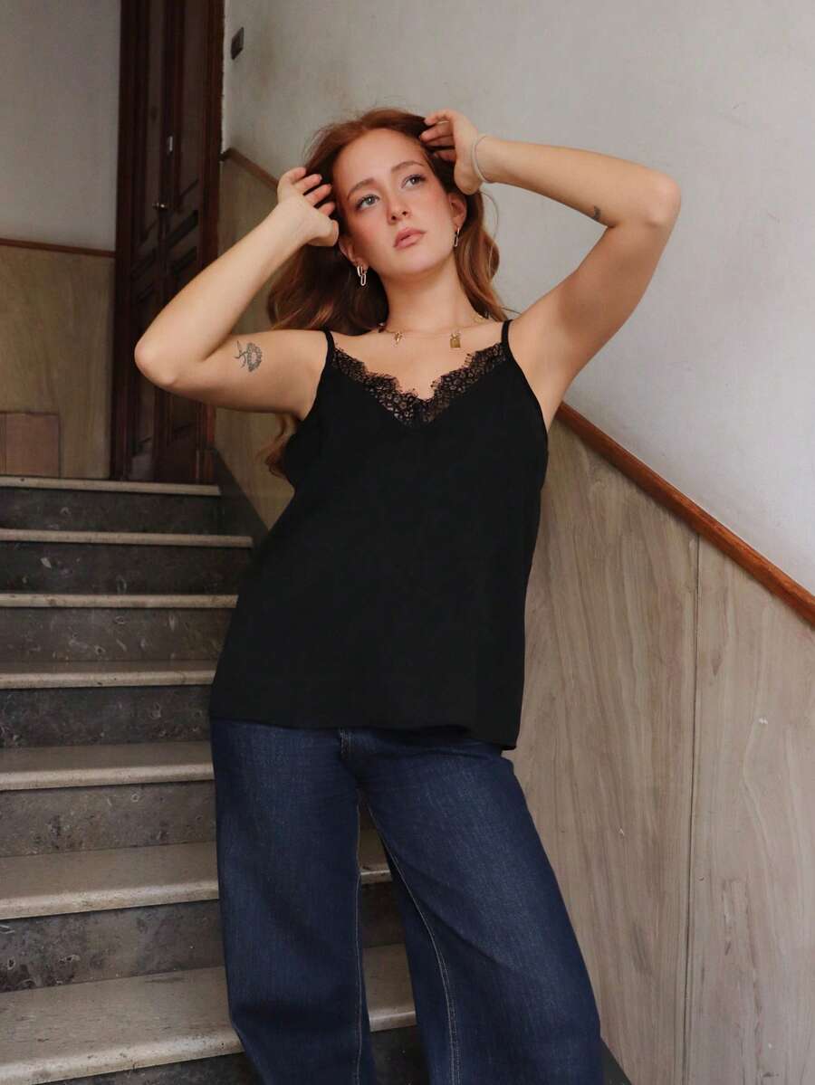 SILVIA DI SANTO Contrast Lace Cami Top - Black - View 1