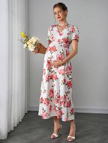 Momance 孕妇短袖A字连衣裙，腰部褶皱设计，荷叶边下摆，数码印花长裙 - 彩色 - 查看 1