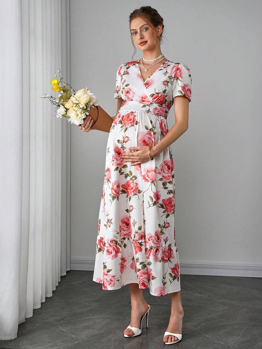 Momance 孕妇短袖A字连衣裙，腰部褶皱设计，荷叶边下摆，数码印花长裙 - 彩色 - 查看 1