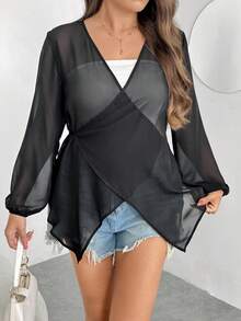 Enliva 大码女式夏季凉爽长袖开衫，一款可以多种方式穿着的多功能上衣，半透明的凉爽防晒长袖衬衫。 - 黑色 - 查看 7