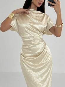 Aloruh Vestido largo elegante de mujer con cintura ceñida de unicolor - Beis - Ver 3