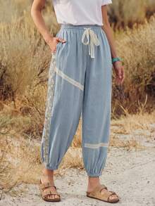 Wildy 波西米亚风休闲西部乡村蕾丝拼接女式夏季基本款通勤口袋灯笼裤 - 藍色 - 查看 1