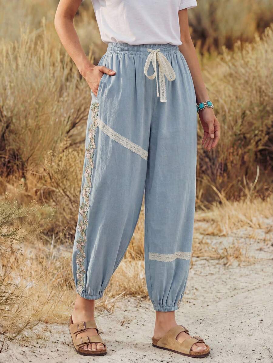 Wildy 波西米亚风休闲西部乡村蕾丝拼接女式夏季基本款通勤口袋灯笼裤 - 藍色 - 查看 1