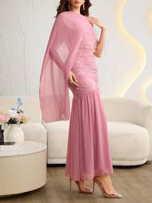 Modelyn Đầm dài nữ thanh lịch màu hồng hoa sen bằng vải chiffon thêu họa tiết phối màu. - Bụi hồng - Xem 5
