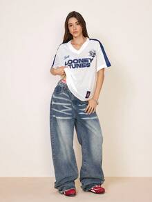 LOONEY TUNES X SHEIN Áo thun nữ thời trang xuyên thấu, chất liệu lưới, in chữ, cổ chữ V, tay ngắn. - trắng - Xem 5