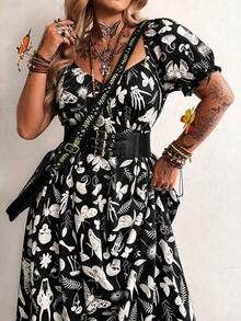 Whyspr Plus Size Punk Style V-Neck Printed Long Dress, Spring/Summer - Black - View 3