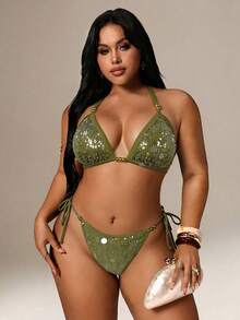 Auralis 大码女式纯色亮片吊带系带性感比基尼泳衣套装 - 綠色 - 查看 3