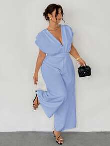 女士夏季纯色深V领蝙蝠袖阔腿连体裤/白色亚麻服装/七月四日服装/海滩度假服装/商务休闲女装/办公室/夏季服装/毕业服装/下午茶聚会/优雅露背吊带/优雅露背吊带连体裤 - 藍色 - 查看 1