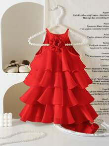 Babygirl Cute & Elegant Ruffle Floral Sleeveless Dress - Red - View 8