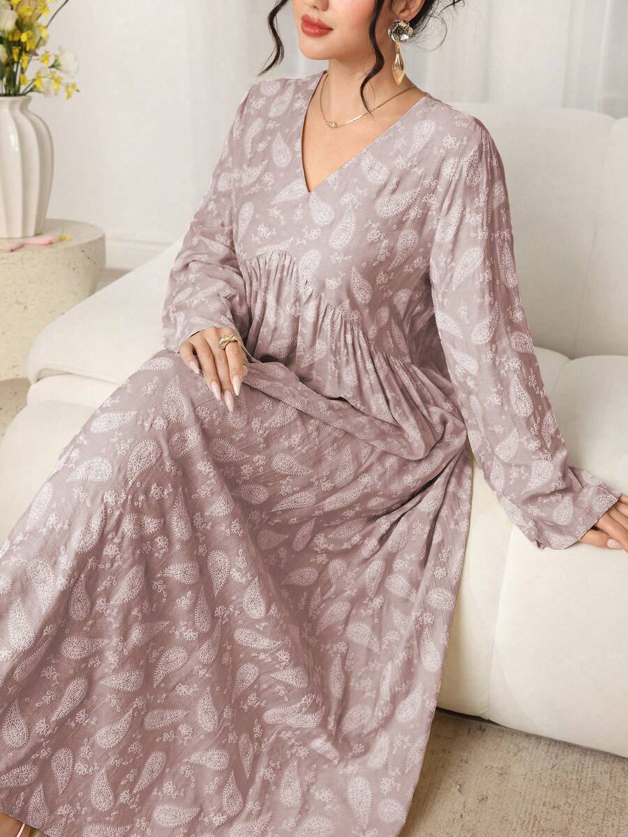 Al Najma Đầm dài tay dáng chữ A, cổ chữ V, eo cao, in họa tiết retro mới, kiểu Ả Rập. - Màu tím hoa cà - Xem 1