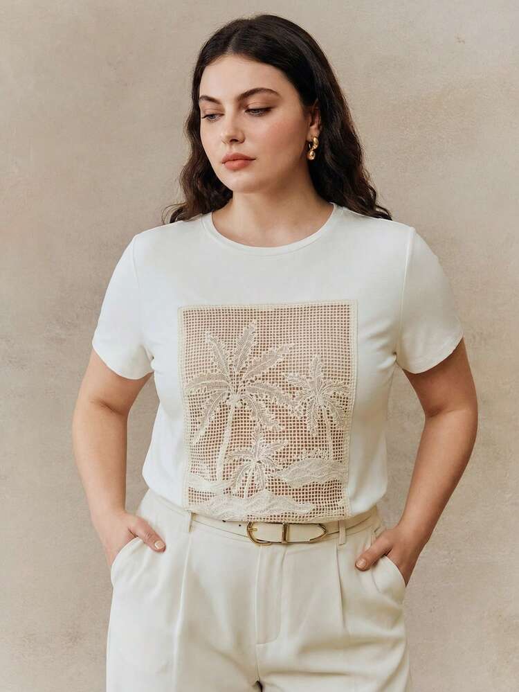 Plus Size Anewsta Women's Autumn Floral Mesh Round Neck Short Sleeve Knit Top Spring For Women Vacation Beach Casual T-Shirt