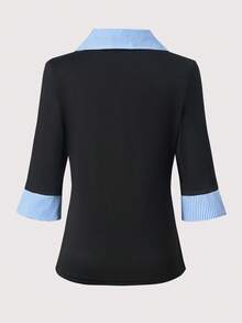 少女拼接条纹二合一衬衫 - 黑色 - 查看 2