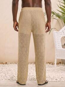 AKNOTIC 男士针织休闲宽松弹力腰直筒裤，时尚休闲日常穿着，适合年轻人 - 卡其色 - 查看 3