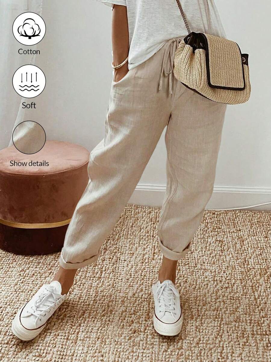 Breezaya Quần dài đơn giản, giản dị, màu trơn, có túi buộc phía trước dành cho nữ, mặc hàng ngày - Màu be - Xem 1