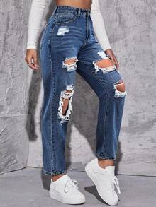 SHEIN EZwear Casual Washed Distressed Tapered Jeans Everyday Blue White Striped Summer - Light Wash - View 4