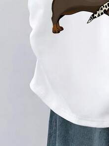 少女腊肠犬和豹纹印花发带，撞色滚边圆领褶裥腰短袖T恤，适合春夏休闲、度假、节日穿着 - 彩色 - 查看 3