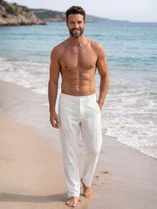 VENTUSAIL Quần dài nam màu trắng trơn dáng suông, phong cách thường ngày đi biển. - trắng - Xem 6
