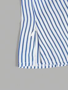 Elenzga Women's Striped Sleeveless Single-Breasted Belted Blouse - Blue and White - View 7