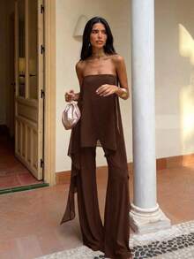 Aloruh Women's Elegant Solid Color Asymmetric Hem Tube Top And Pants Two Pieces Set, Summer - Coffee Brown - View 1