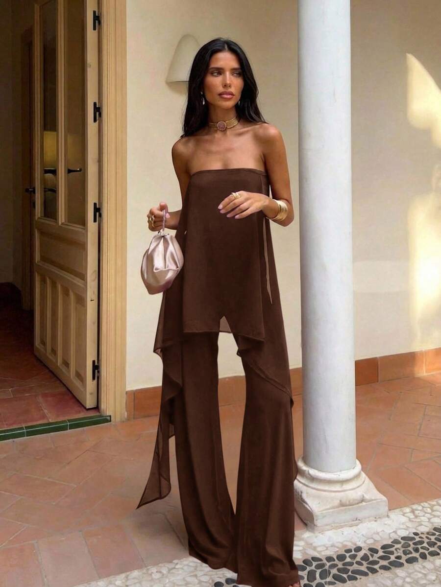 Aloruh Women's Elegant Solid Color Asymmetric Hem Tube Top And Pants Two Pieces Set, Summer - Coffee Brown - View 1