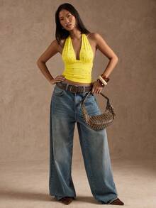 SHEIN BAE 女士休闲度假风纯色水钻装饰露背系带吊带背心 - 黃色 - 查看 5