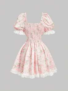 SHEIN MOD Pink Floral Lace Ruffle Petal Sleeve Mini Dress - Pink - View 4