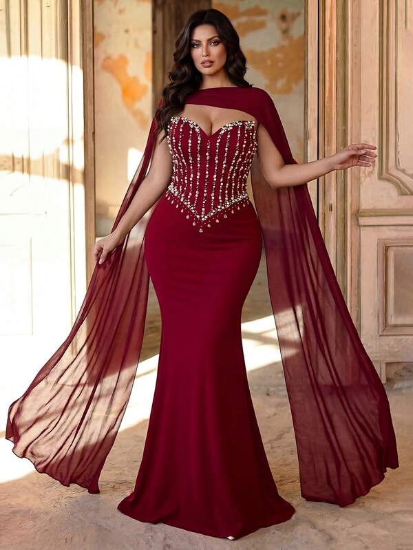 Aureia Váy cỡ lớn thanh lịch, lãng mạn màu xanh ô liu, chất liệu lưới đính sequin và họa tiết xương cá, dáng chữ A, thích hợp cho đám cưới, tiệc tùng, lễ kỷ niệm, sự kiện trang trọng, váy dạ hội (thiết kế tinh xảo).