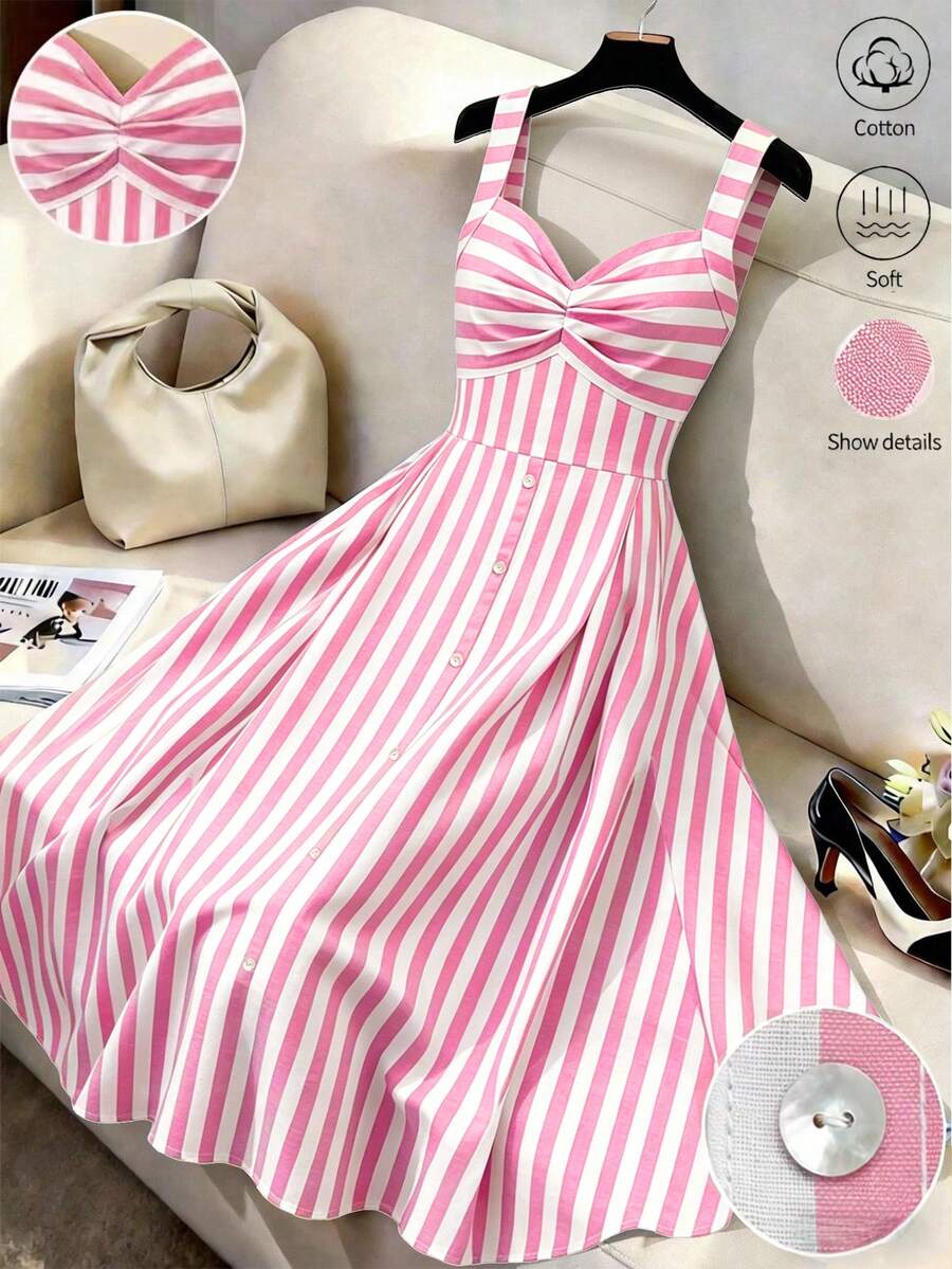 EMERY ROSE Vintage Sweetheart Style Striped Cami Dress, High Waist Slimming A-Line Flared Gentle Elegant Midi Dress - Pink - View 1