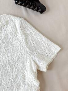 SHEIN Blusa de cuello redondo de manga corta de punto informal para niñas preadolescentes - Beis - Ver 4