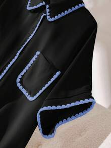 CosyJoli 大码女式夏季休闲度假撞色滚边拼接蝙蝠袖宽松衬衫 - 黑色 - 查看 4