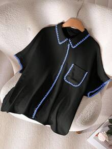 CosyJoli 大码女式夏季休闲度假撞色滚边拼接蝙蝠袖宽松衬衫 - 黑色 - 查看 5