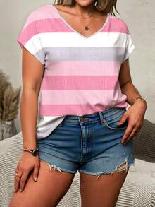 EMERY ROSE Plus Size Women Colorblock Striped Pattern Batwing Sleeve V-Neck T-Shirt - Multicolor - View 6