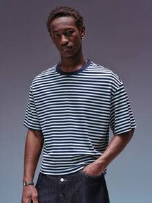 STYNVO 男士条纹圆领休闲宽松短袖T恤 - 寶藍色 - 查看 1