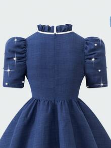 SHEIN Đầm màu xanh dương dành cho bé gái tuổi teen, chất liệu vải dệt họa tiết, tay áo đính hạt cườm, phần ngực khoét nơ, thích hợp cho những dịp trang trọng. - Màu xanh lam - Xem 8