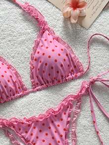 Swim Mod 2-Piece Floral Print Mesh Trim Halter Bikini Set, Sexy Swimwear Summer Picks Pink Bikini Ruffle Trim Bikini Tie Side Bikini Polka Dot Bikini - Pink - View 9