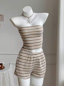 Comfortcana Women's Summer Vacation Striped Cropped Bandeau Top And Shorts 2 Pieces Set - Khaki - View 4