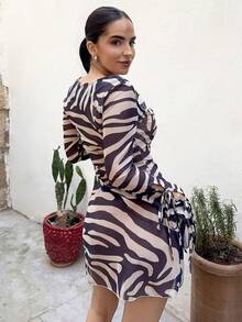 Marta Soriano Women's Summer Vacation Beach Wedding Season Zebra Pattern Off-Shoulder Neck Metal Decoration Ruffles Mini Dress,Summer Outfits For Women,Rave Outfits,European Summer,Summer Dresses For Women - Black - View 3