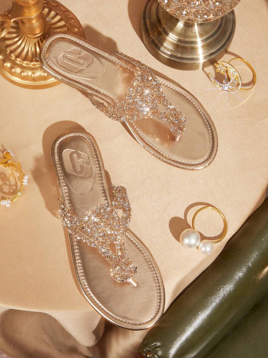 CUCCOO TILAWA 女士时尚水晶水钻镶边平底凉鞋，适合日常休闲、派对、春假、复活节舞会、情人节等场合。 - 香檳色 - 查看 1